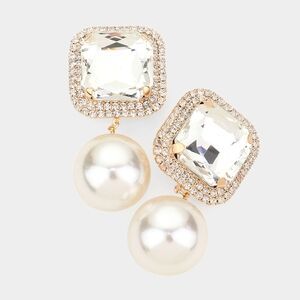 Gold Dangle Pearl Crystal Clip On Earrings 2.5 Inch Square Drop ClipOns